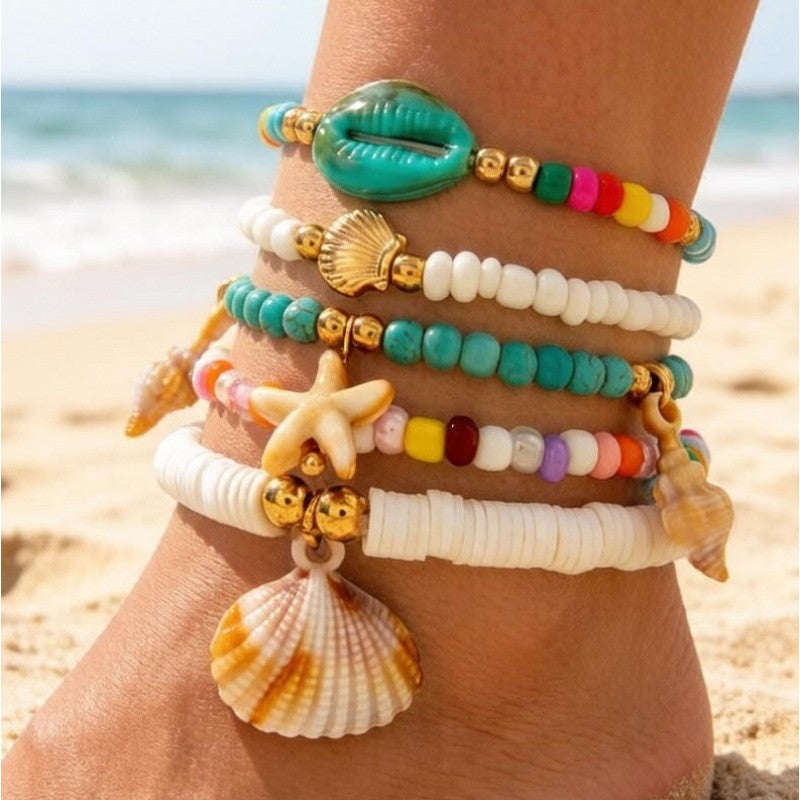 Boho Multi-Layer Shell & Starfish Anklet Set