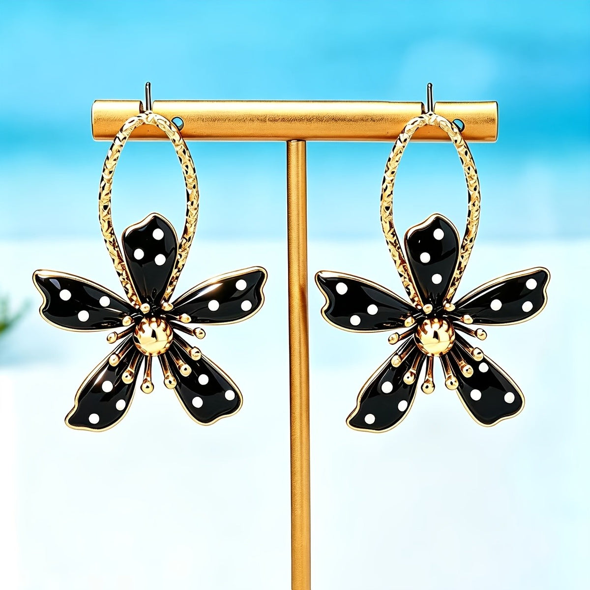 Classy Black Polka Dot Flower Drop Earrings