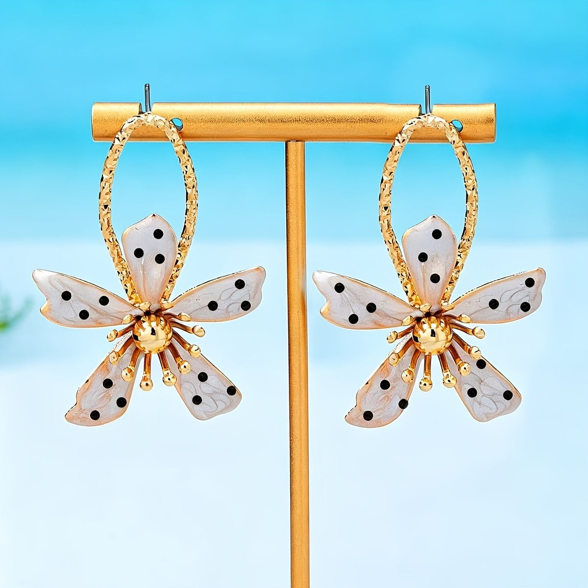 Classy Black Polka Dot Flower Drop Earrings