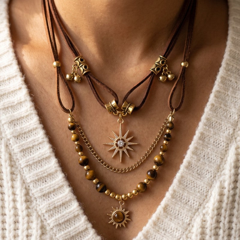 Boho Layered Tiger Eye Sunburst Necklace