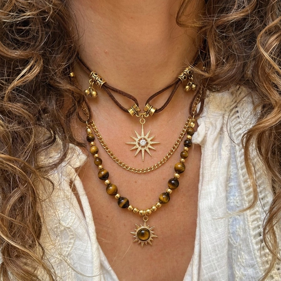 Boho Layered Tiger Eye Sunburst Necklace