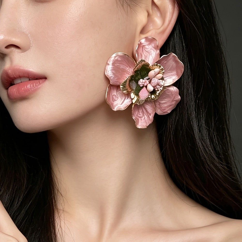 Romantic Pink Camellia Flower Earrings