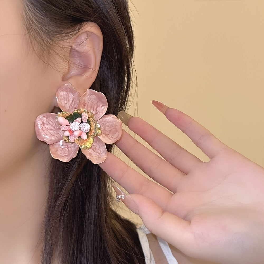 Romantic Pink Camellia Flower Earrings