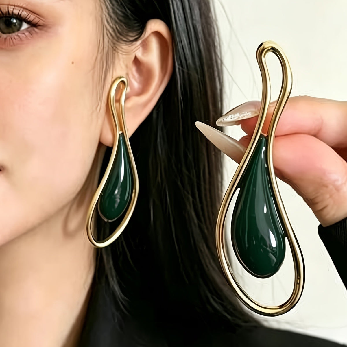 Elegant Green Teardrop Loop Earrings