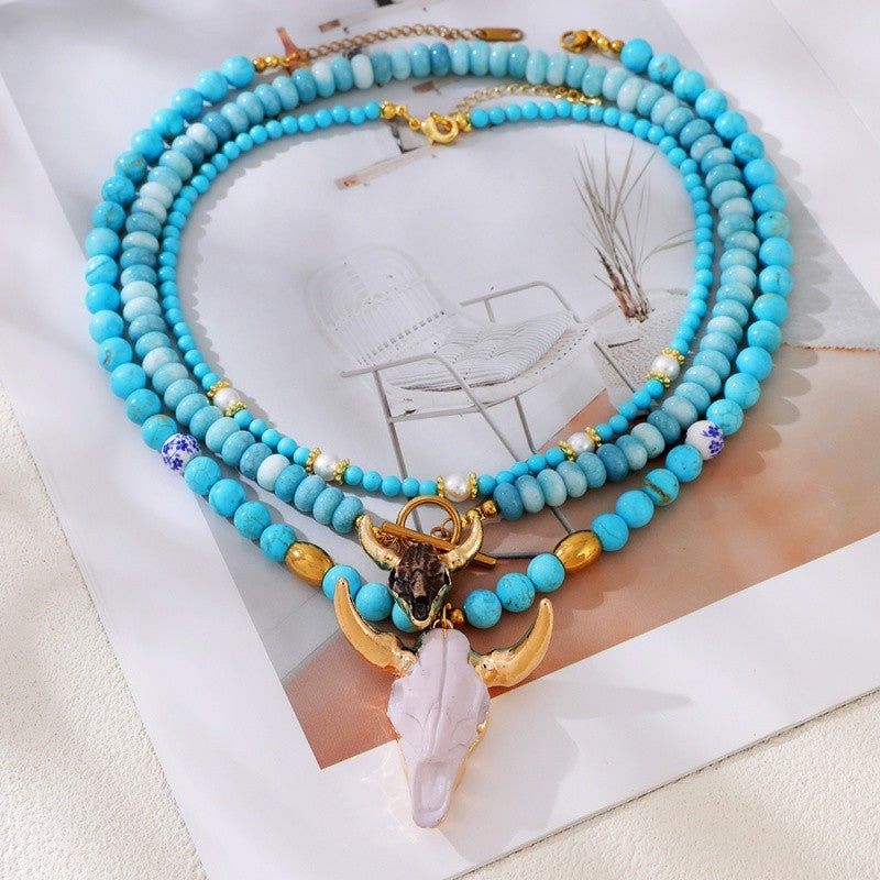 18k Boho Layered Turquoise Bull Skull Necklace