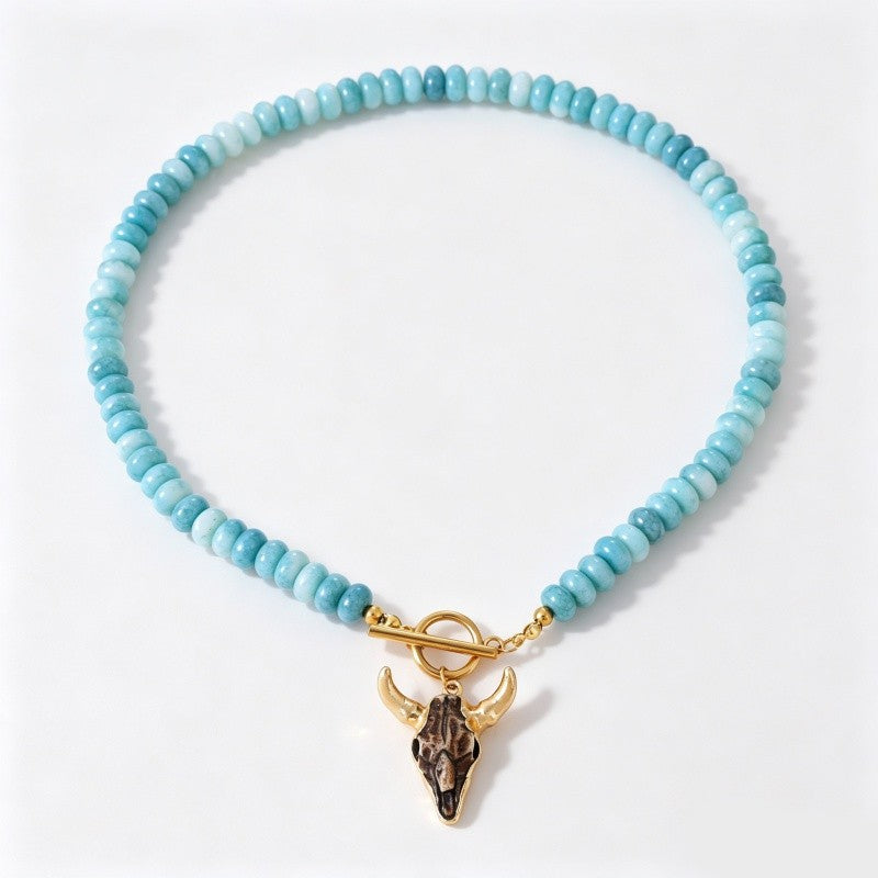 18k Boho Layered Turquoise Bull Skull Necklace
