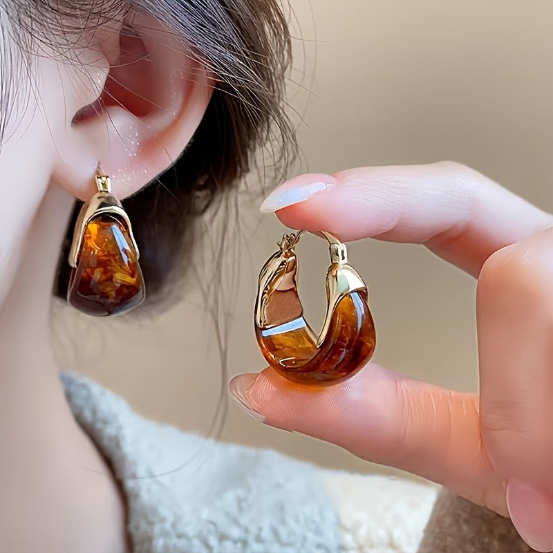 14k Vintage Amber Resin Hoop Earrings