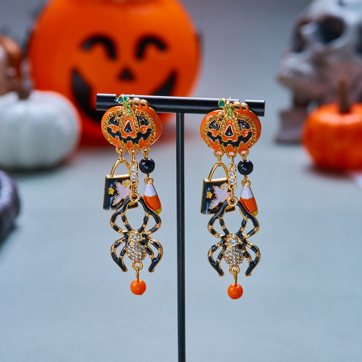 Boho Halloween Pumpkin Spiderweb Earrings