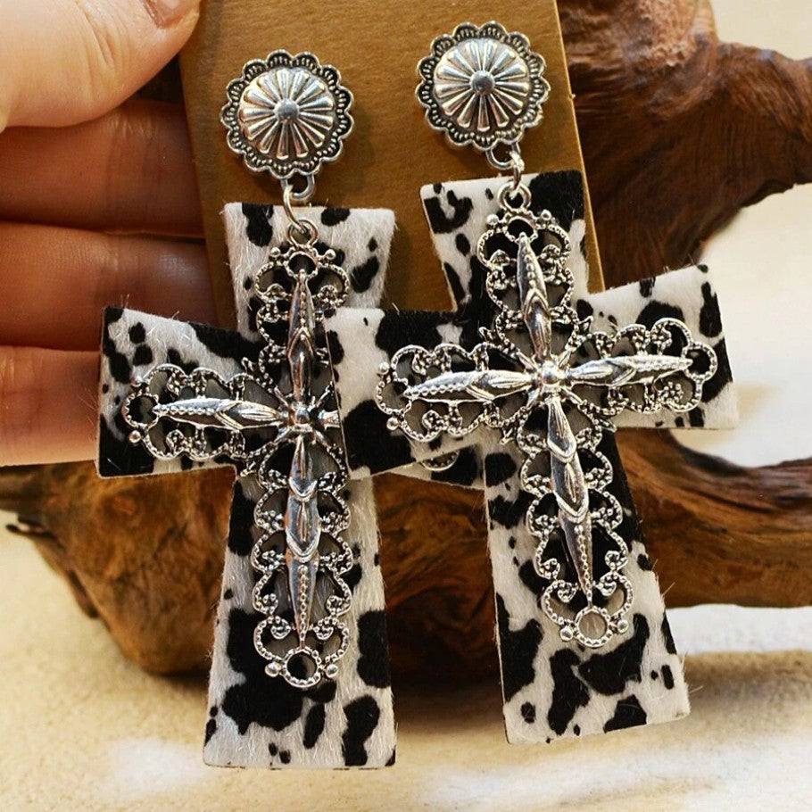 Cow Print Cross Drop Earrings