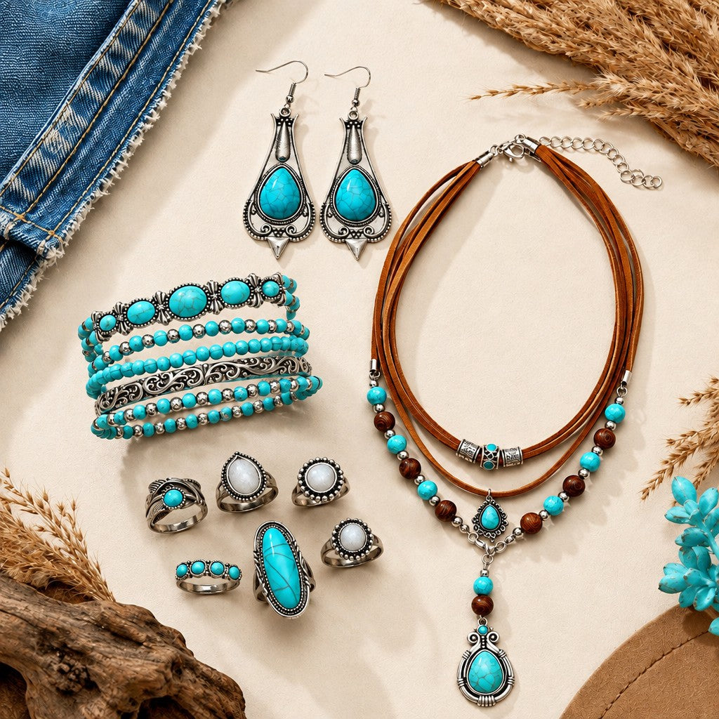 12pc Vintage Boho Turquoise Jewelry Set
