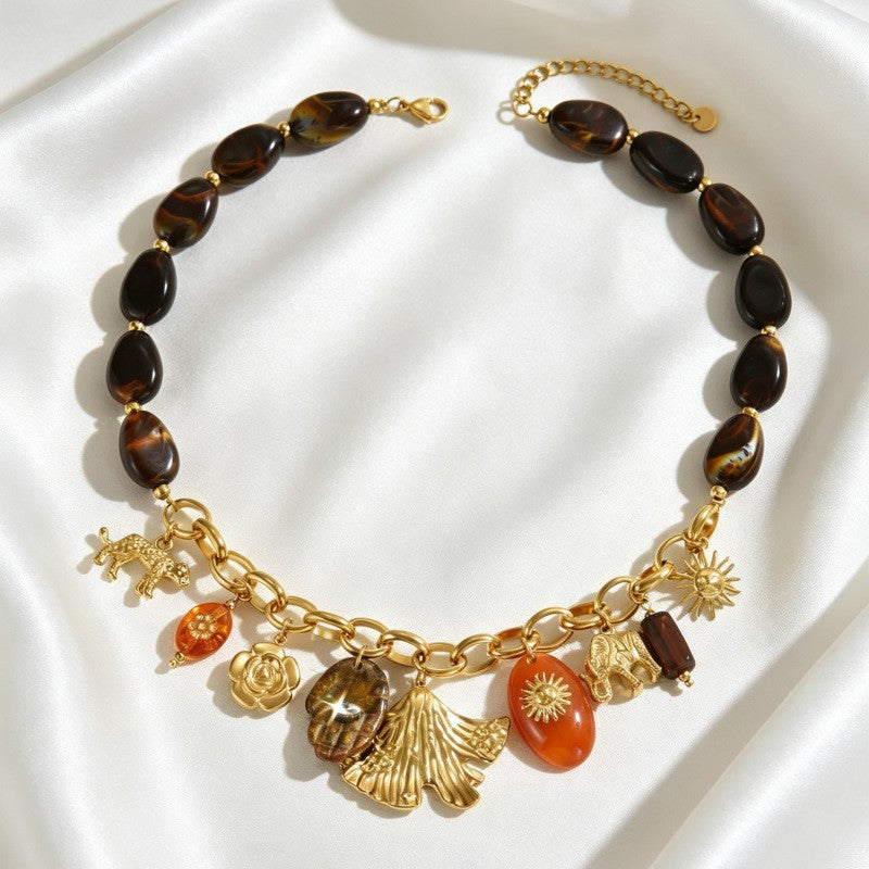 Vintage Boho Tiger Eye Bead Charm Necklace