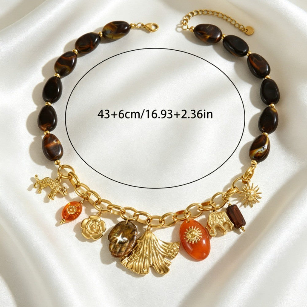 Vintage Boho Tiger Eye Bead Charm Necklace