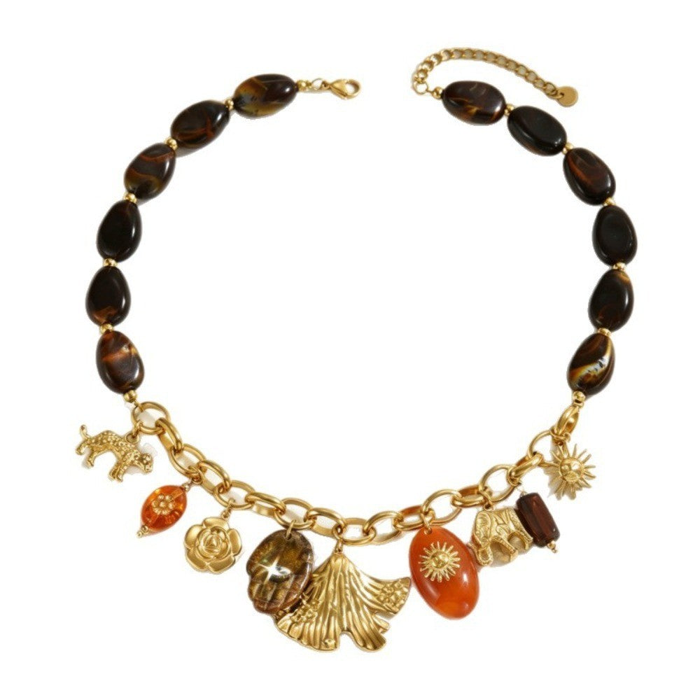 Vintage Boho Tiger Eye Bead Charm Necklace