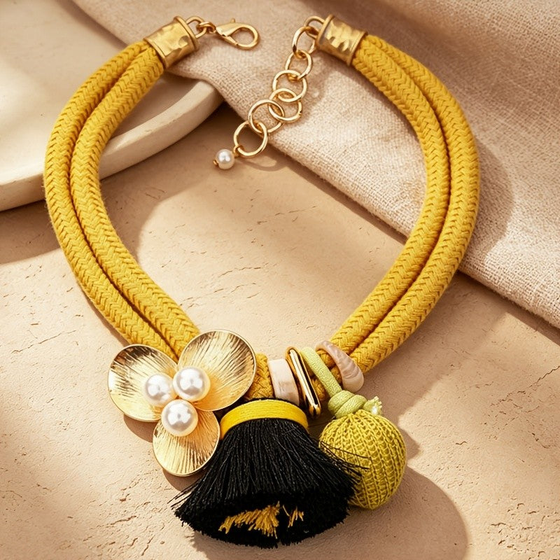 Boho Woven Rope Flower Tassel Necklace