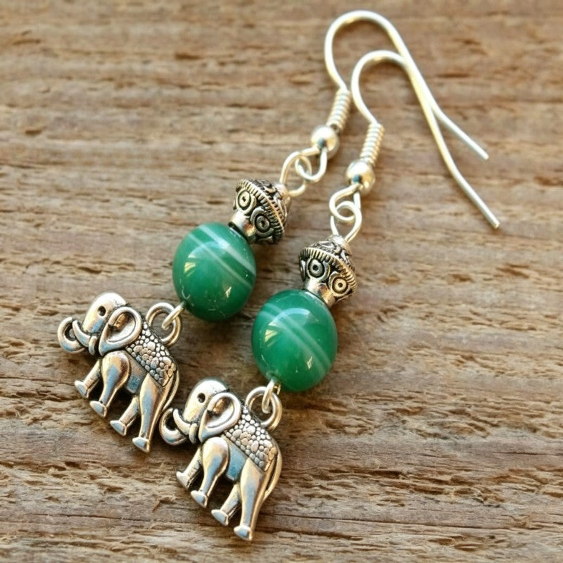Boho Green Stone Elephant Earrings