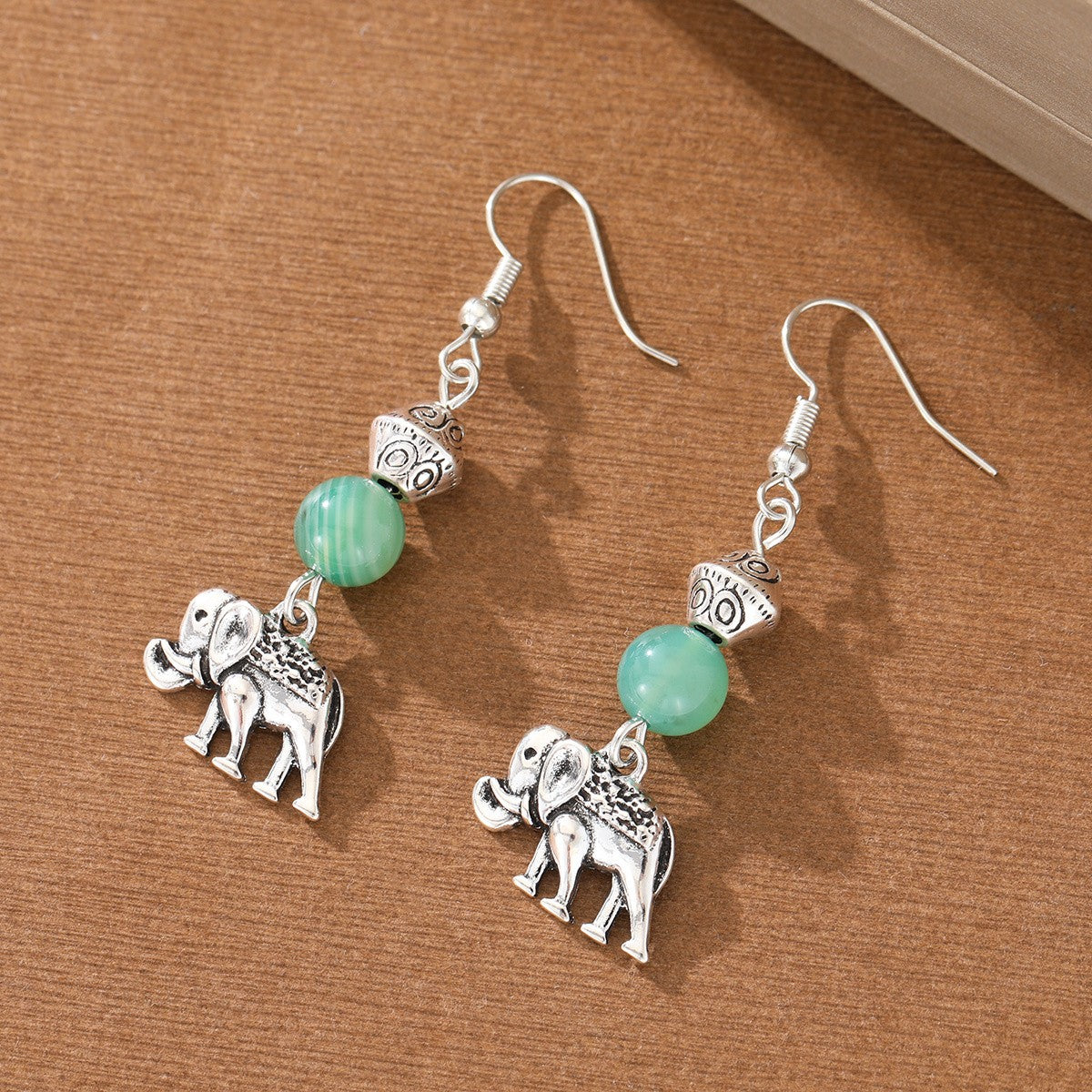 Boho Green Stone Elephant Earrings