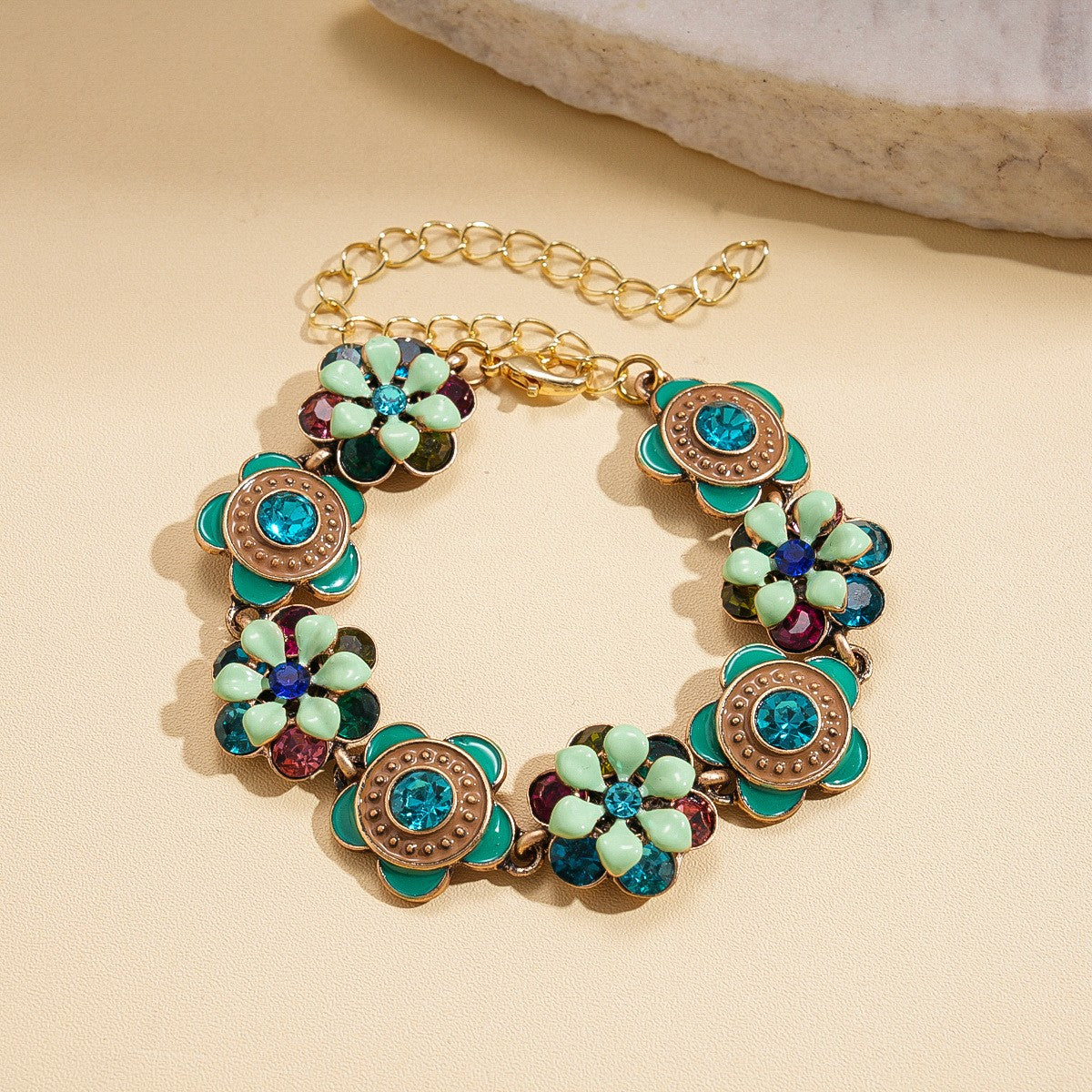 18k Vintage Enamel Flower Necklace, Bracelet & Earring Set
