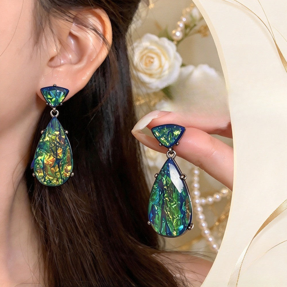 Elegant Iridescent Green Resin Teardrop Earrings
