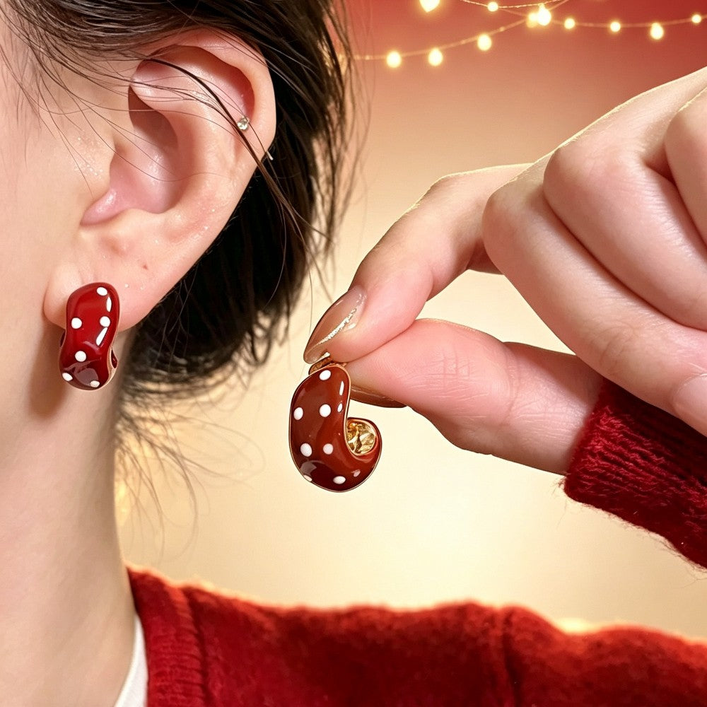 Classy Red Polka Dot Bean Earrings