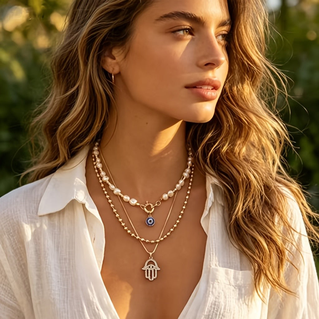 Dainty Layered Pearl Hamsa Necklace