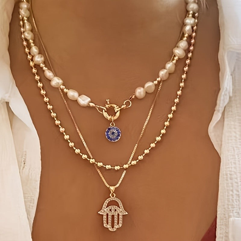 Dainty Layered Pearl Hamsa Necklace