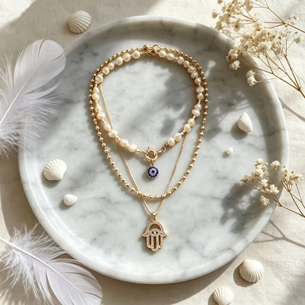 Dainty Layered Pearl Hamsa Necklace