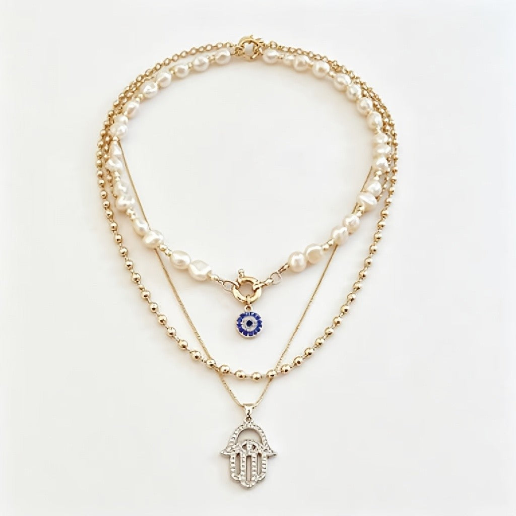 Dainty Layered Pearl Hamsa Necklace
