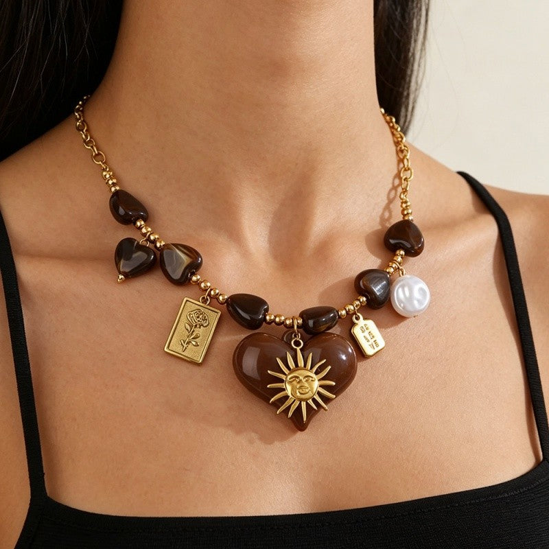 18k Boho Merlot Sun Heart Necklace