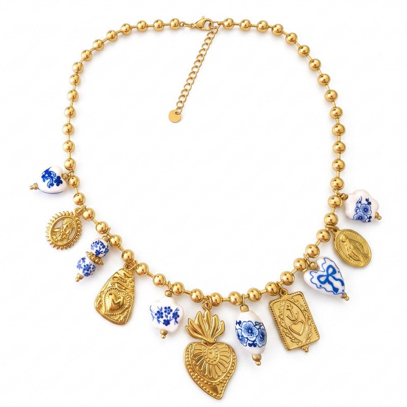 Boho Blue Floral Coin Charm Necklace