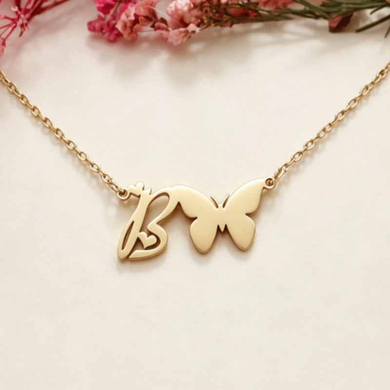 18k Dainty Butterfly Initial Necklace