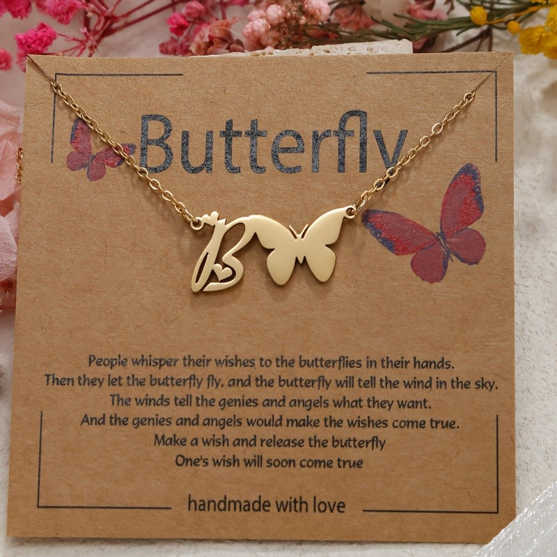 18k Dainty Butterfly Initial Necklace