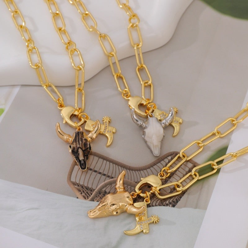 18k Boho Western Bull Skull Necklace