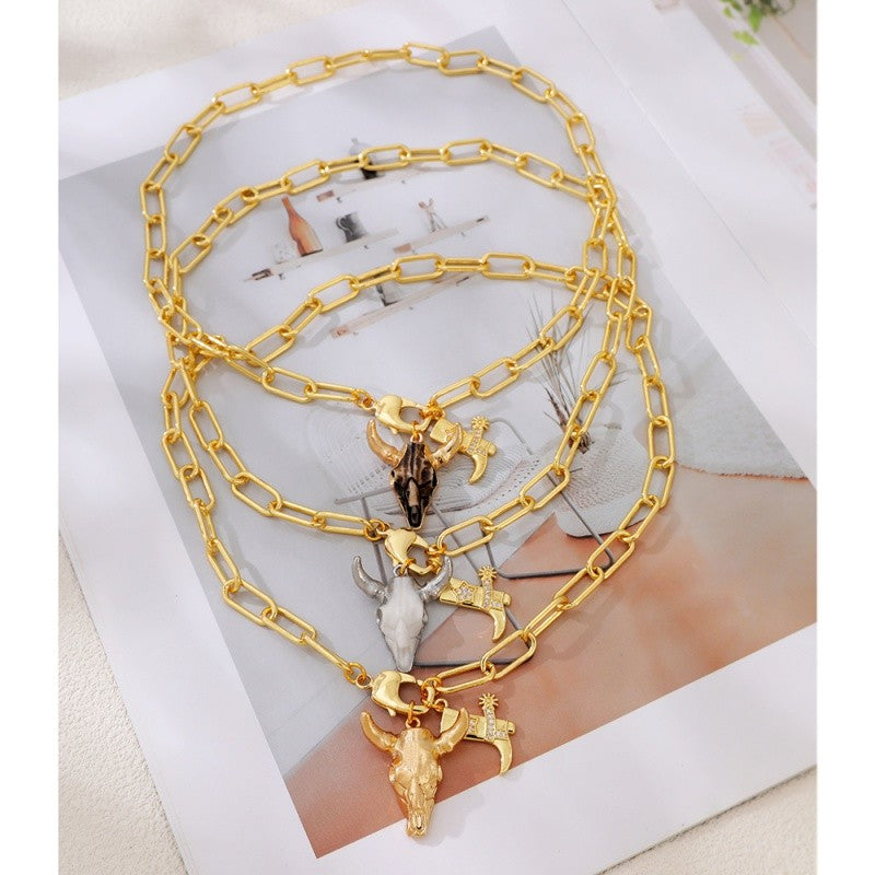 18k Boho Western Bull Skull Necklace