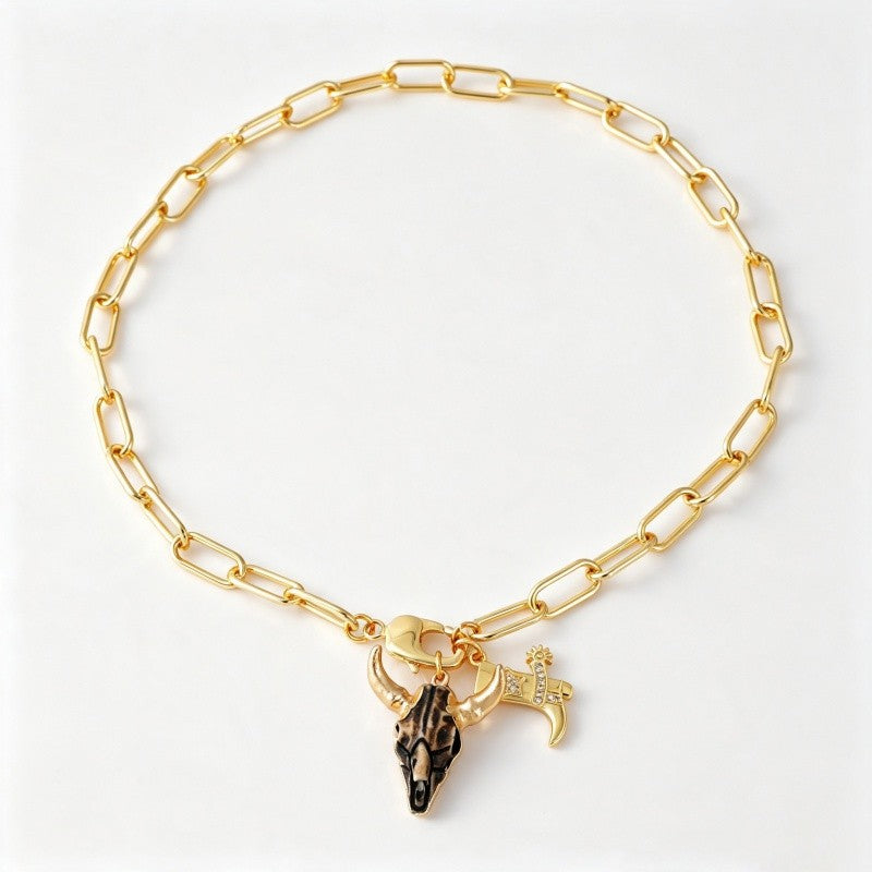 18k Boho Western Bull Skull Necklace
