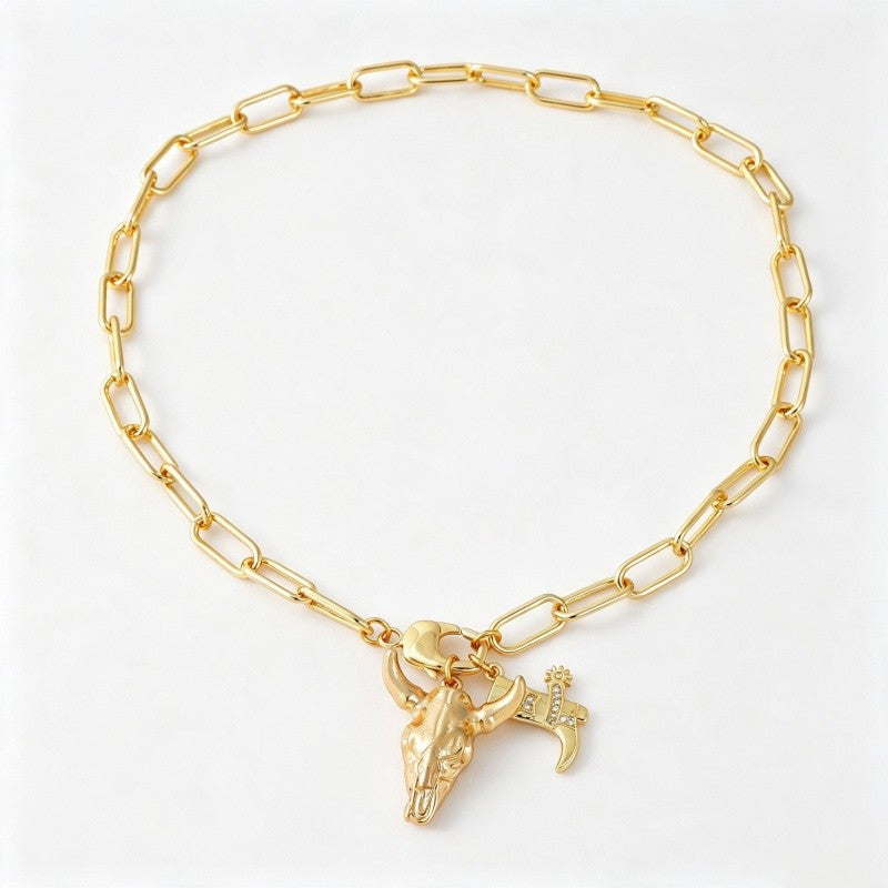 18k Boho Western Bull Skull Necklace