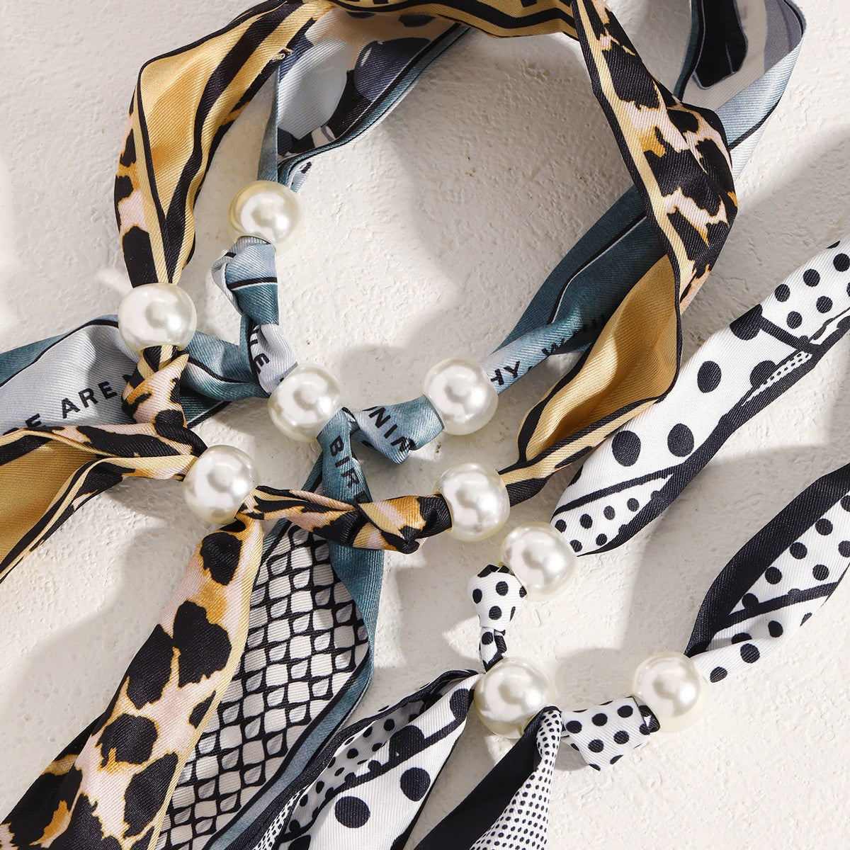 Elegant Botanical Print Scarf Pearl Necklace & Bracelet Set