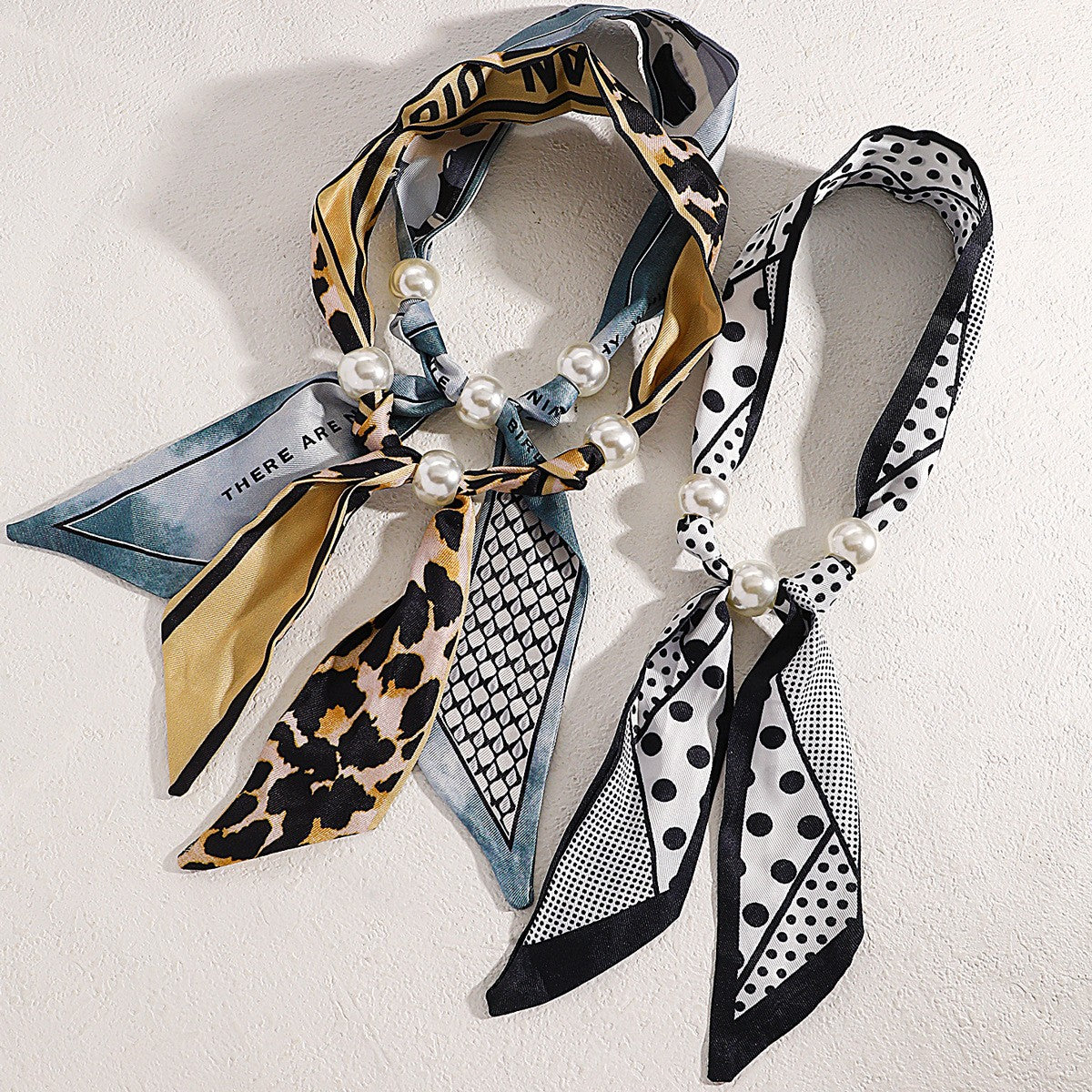 Elegant Botanical Print Scarf Pearl Necklace & Bracelet Set