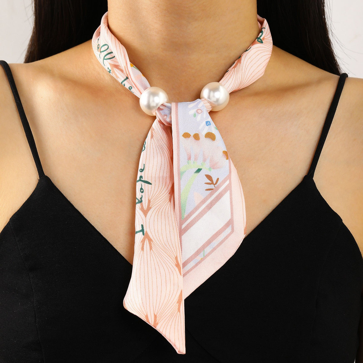 Elegant Botanical Print Scarf Pearl Necklace & Bracelet Set