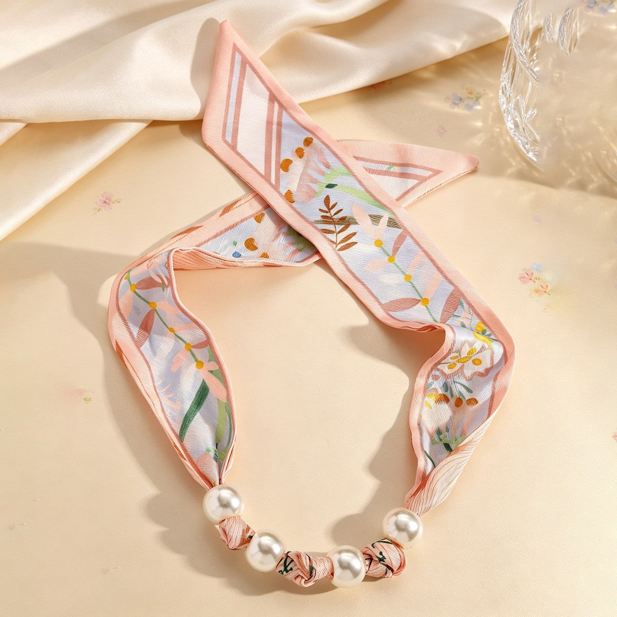 Elegant Botanical Print Scarf Pearl Necklace & Bracelet Set