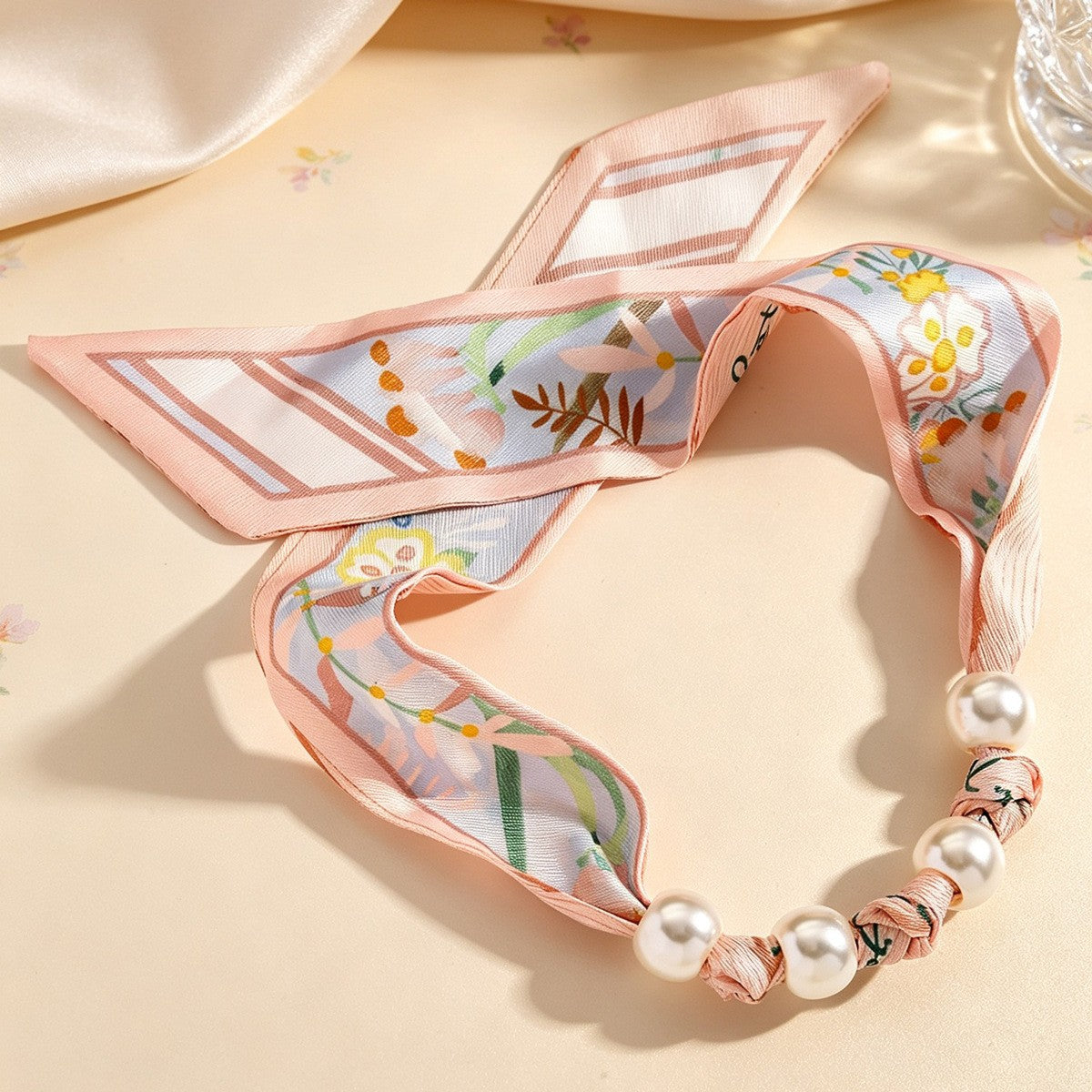 Elegant Botanical Print Scarf Pearl Necklace & Bracelet Set