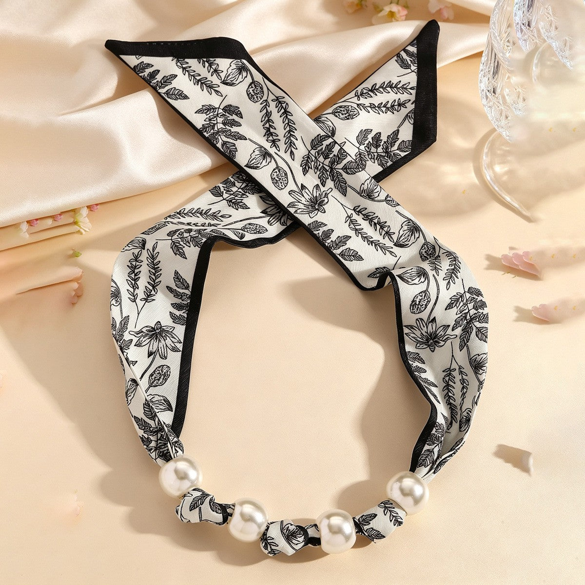 Elegant Botanical Print Scarf Pearl Necklace & Bracelet Set