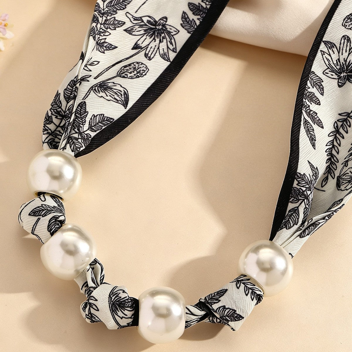 Elegant Botanical Print Scarf Pearl Necklace & Bracelet Set