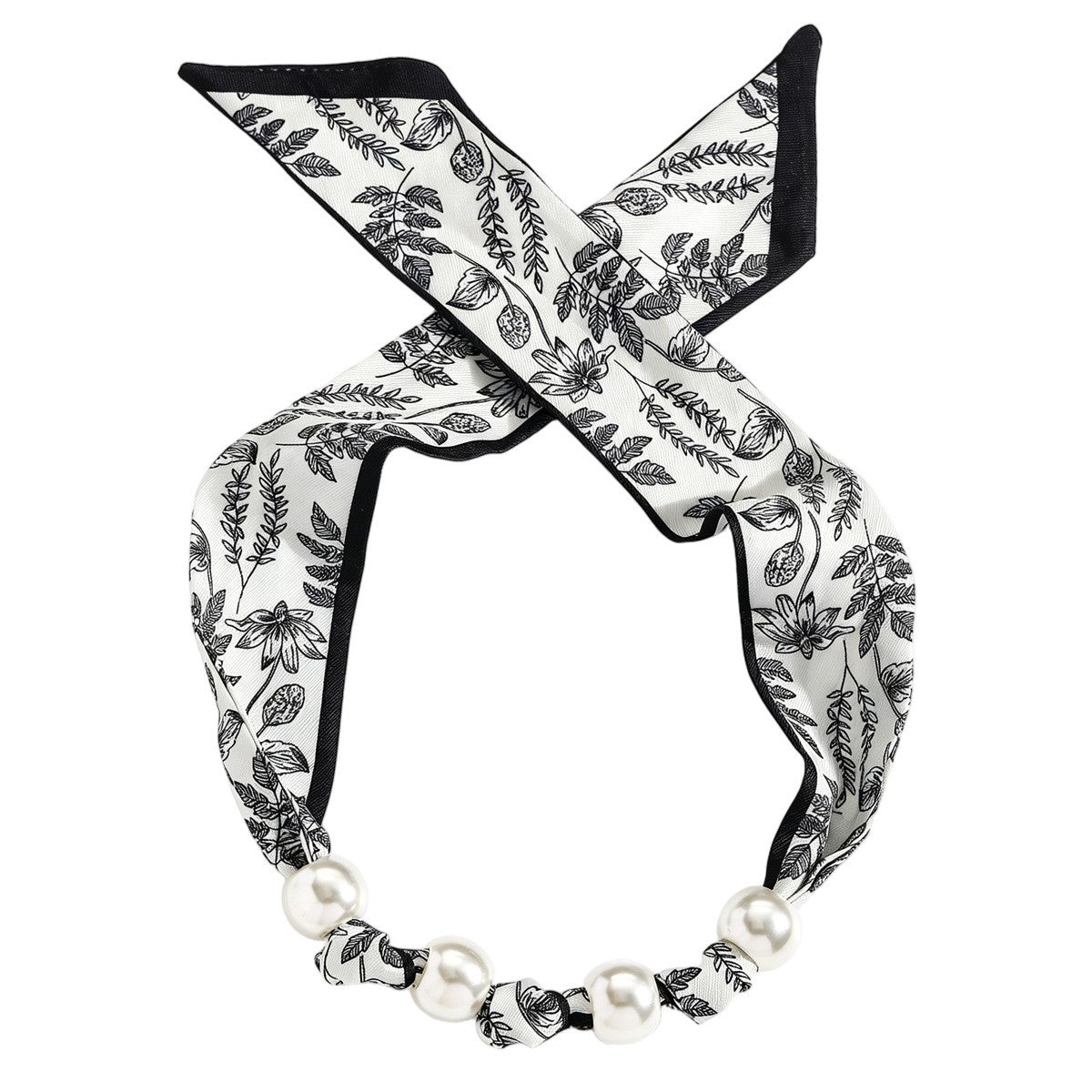 Elegant Botanical Print Scarf Pearl Necklace & Bracelet Set