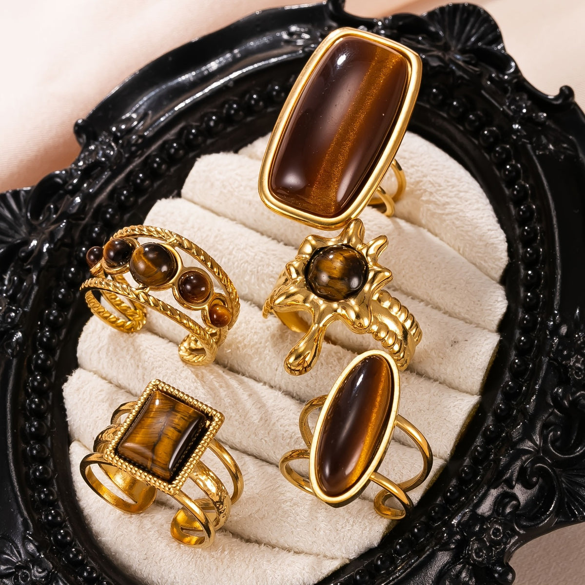 18k Boho Tiger Eye Geometric Ring Set