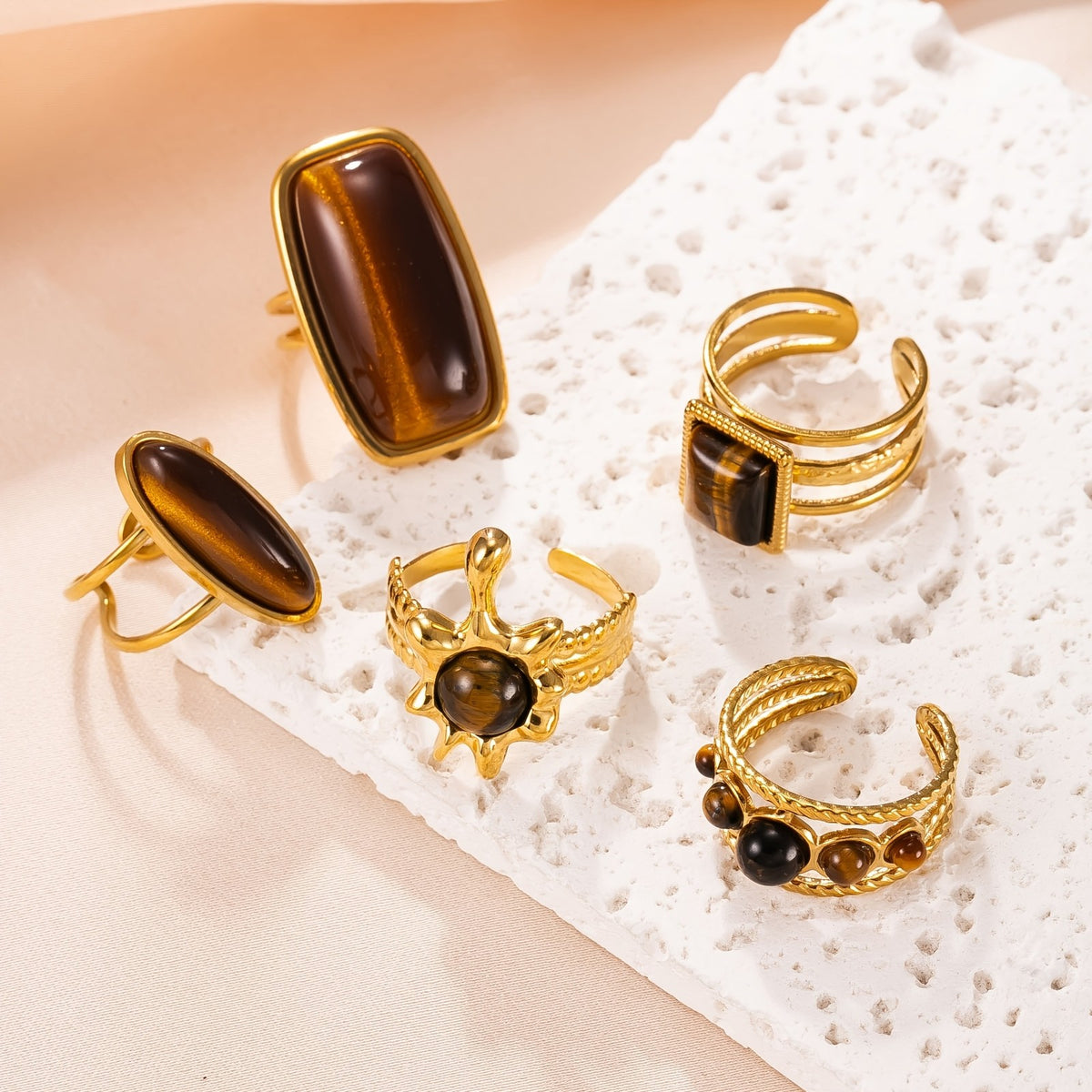 18k Boho Tiger Eye Geometric Ring Set