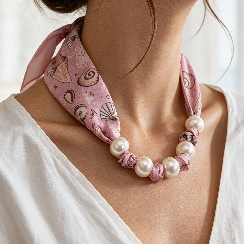 Boho Ocean Print Scarf Pearl Necklace