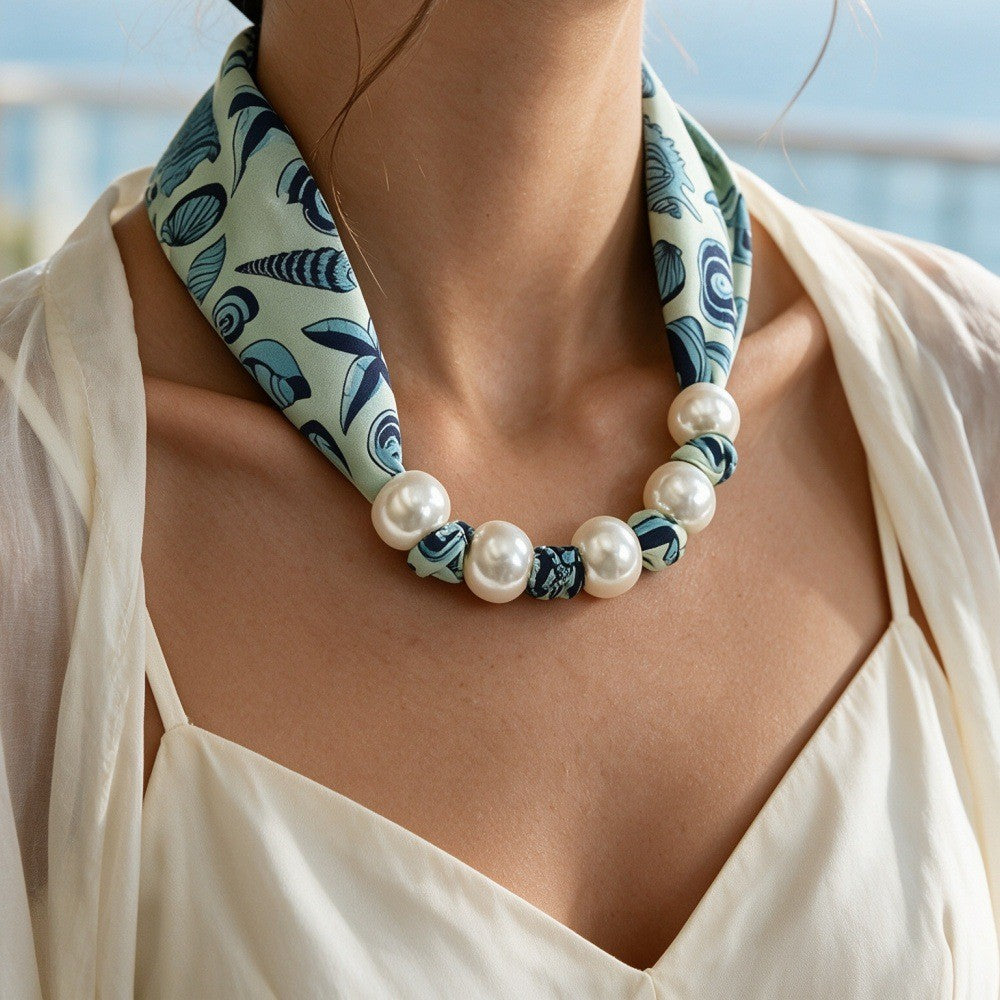 Boho Ocean Print Scarf Pearl Necklace