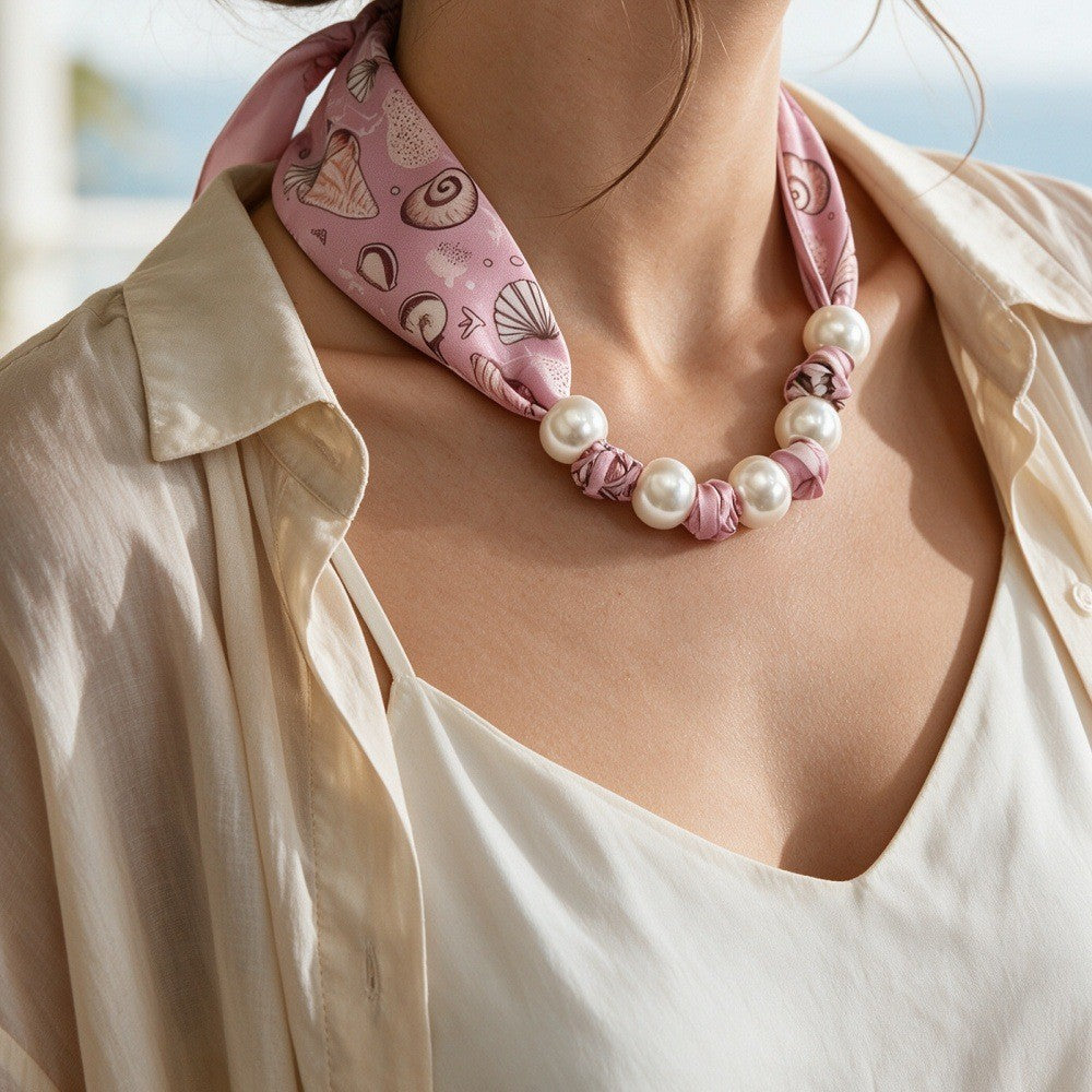 Boho Ocean Print Scarf Pearl Necklace