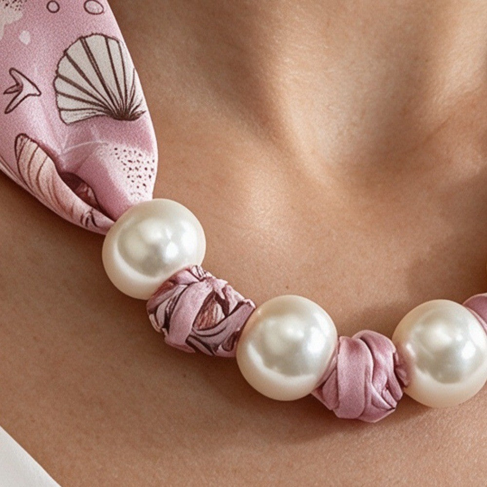 Boho Ocean Print Scarf Pearl Necklace
