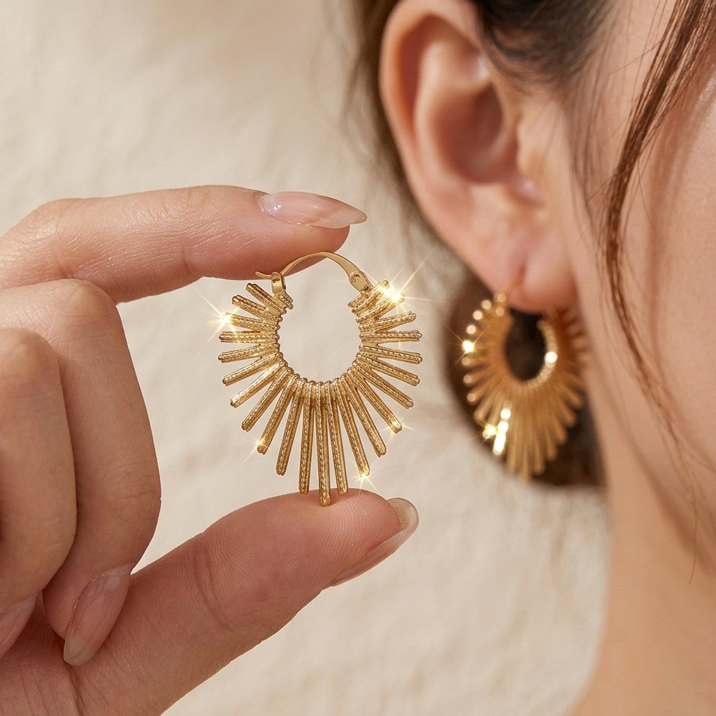 14k Elegant Sunburst Ray Hoop Earrings